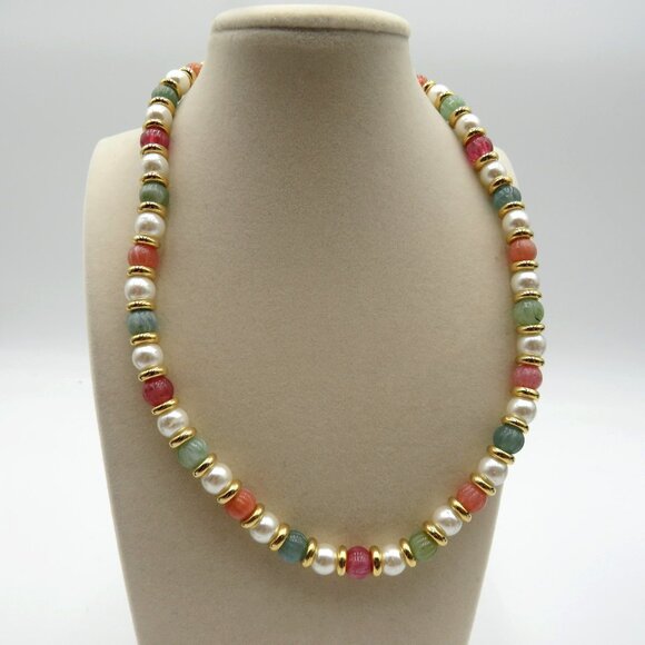 Beaded Necklace Faux Pearl Glass Carved Beads Multicolor Gold Tone Spacers Oval - Picture 1 of 13